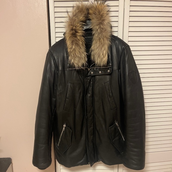 Men's Genuine Black Leather Jacket with Detachable Fox Fur Hood